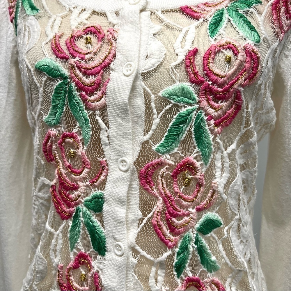Agua Bendita White Embroidered Floral Lace Button Front Cardigan Sweater Large - Picture 10 of 14
